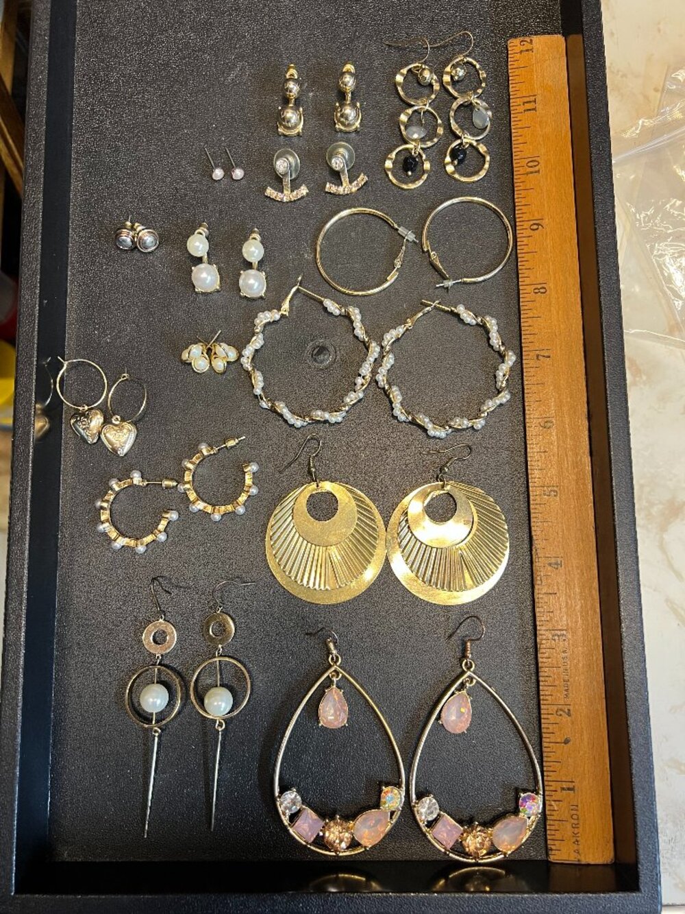 14 Pairs Goldtone Earrings, Dangle, Hoops and Posts